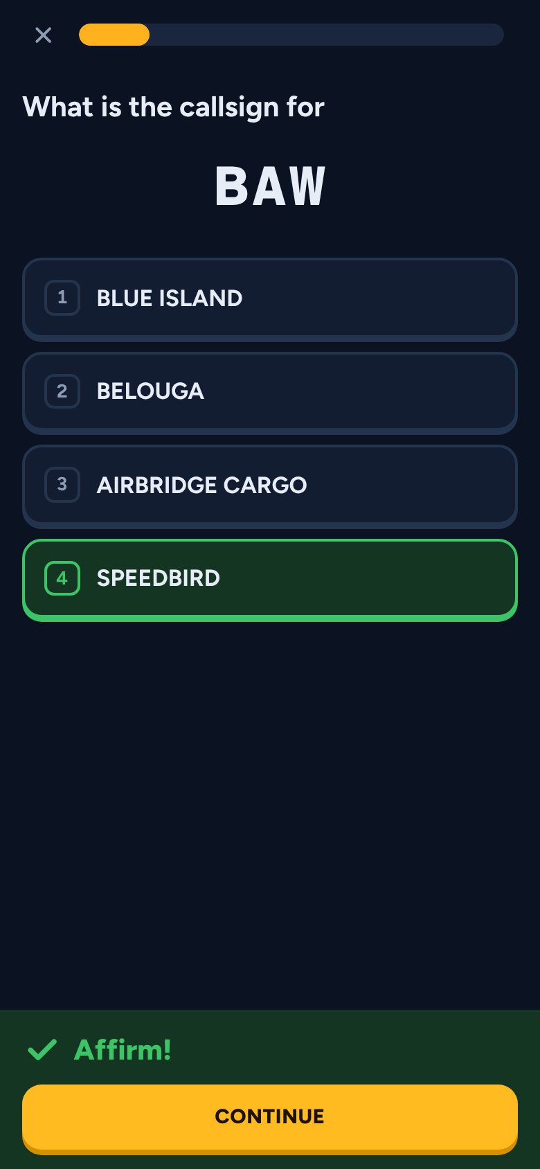 A multiple-choice question answered correctly: BAW is SPEEDBIRD