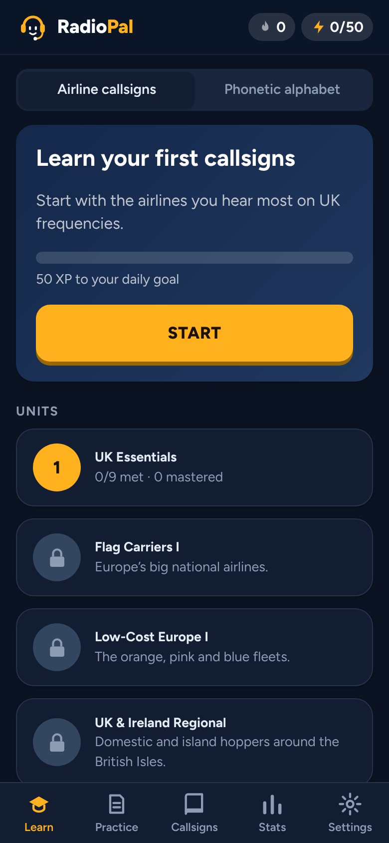 The Learn screen, with units starting at UK Essentials