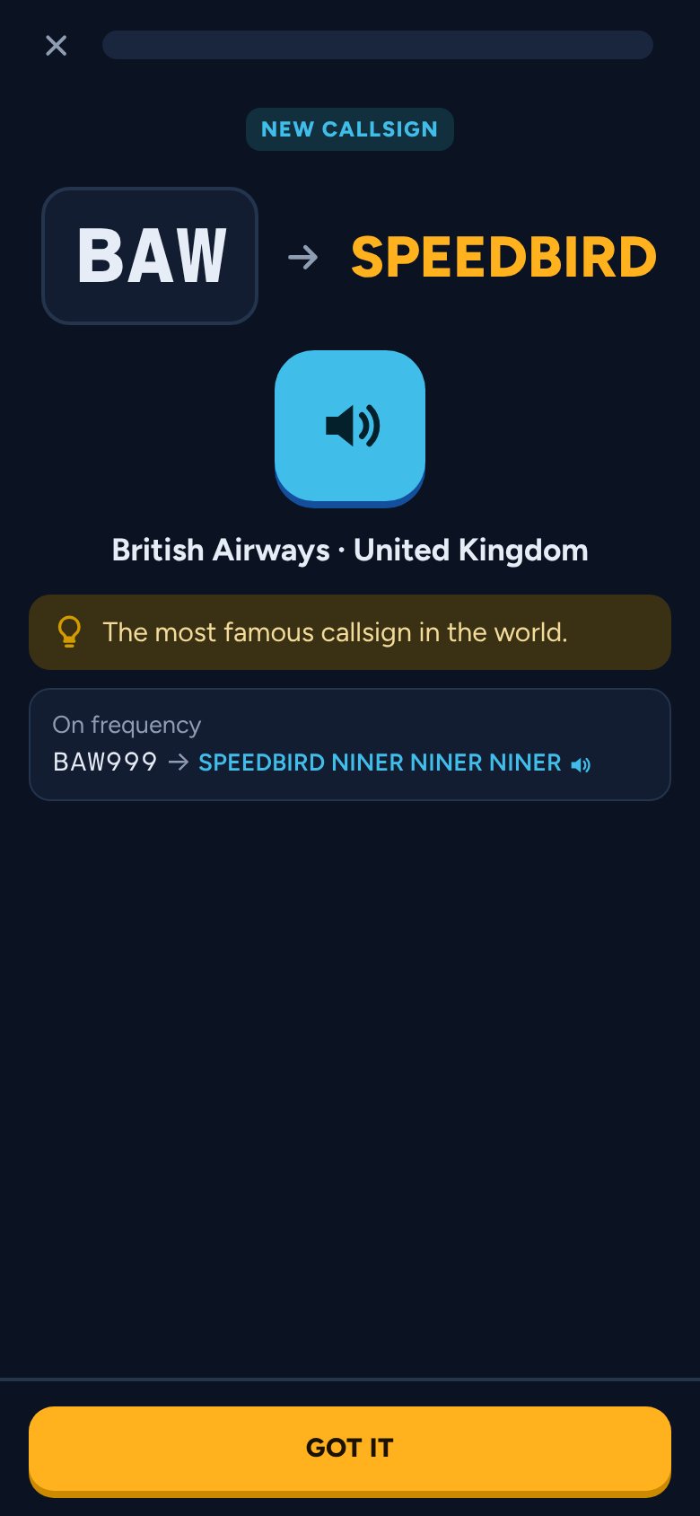 A new callsign card: BAW is SPEEDBIRD, with an example readout